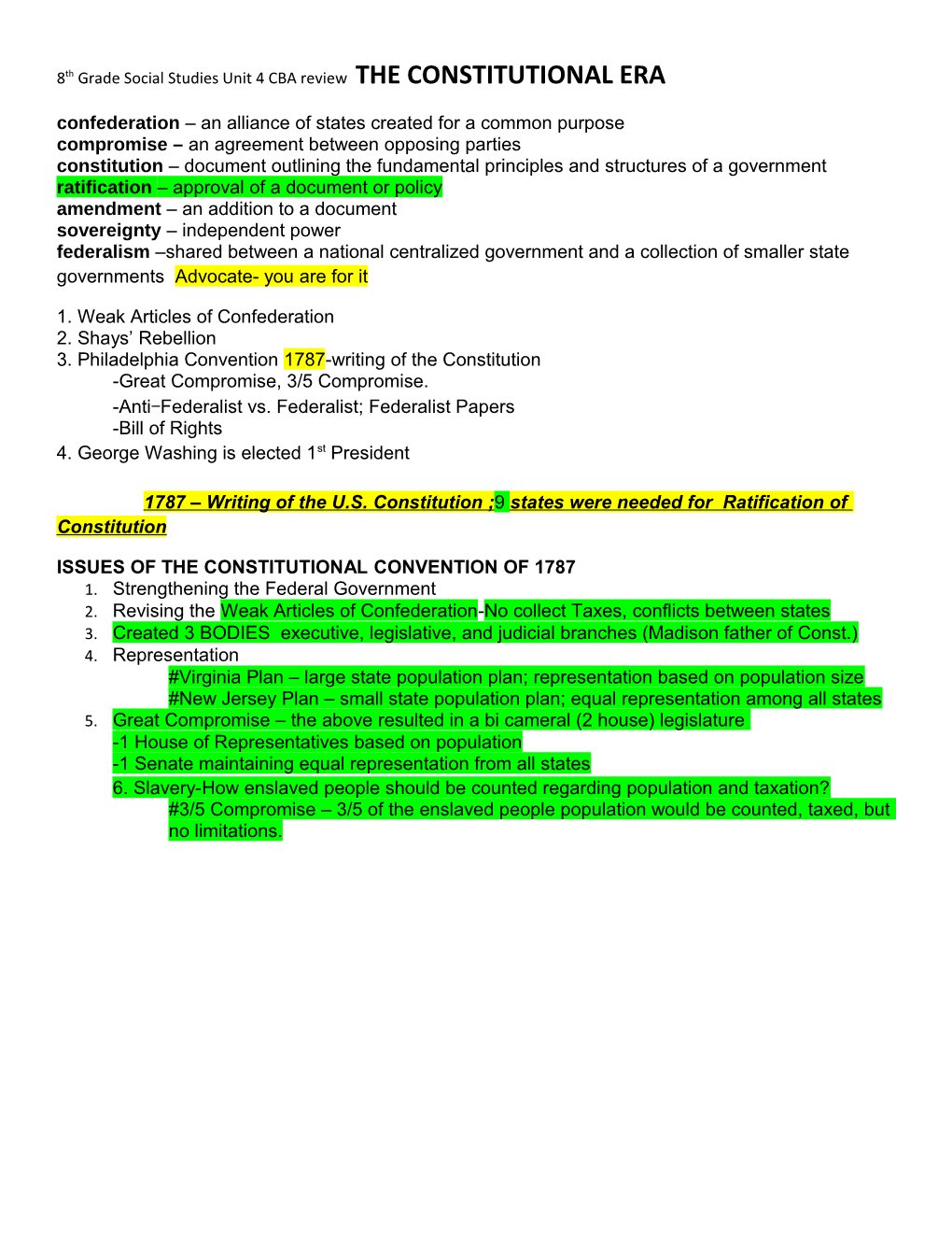 8Th Grade Social Studies Unit 4 CBA Review the CONSTITUTIONAL ERA