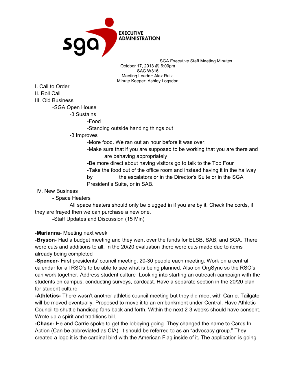 SGA Executive Staff Meeting Minutes