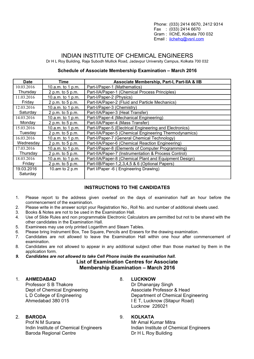 Schedule of Associate Membership Examination September 2009