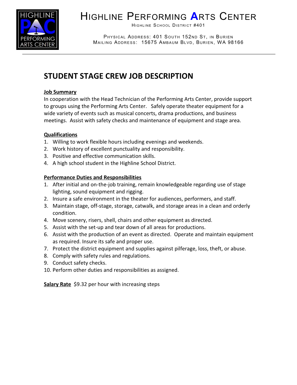 Student Stage Crew Job Description