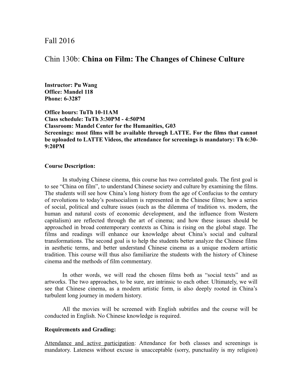 Chin 130B: China on Film: the Changes of Chinese Culture
