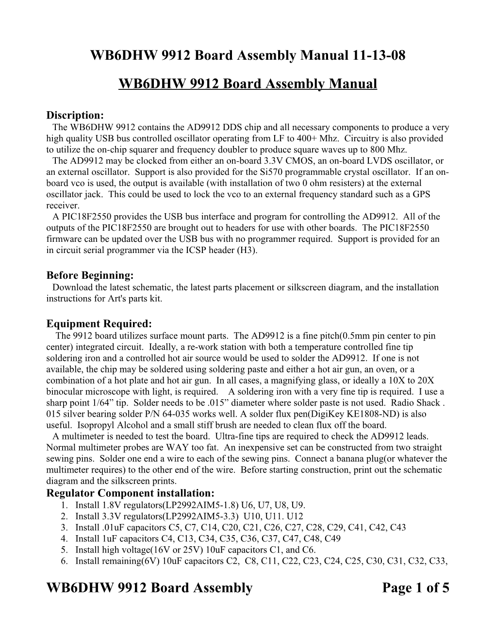 WB6DHW 9912 Board Assembly Manual 11-13-08