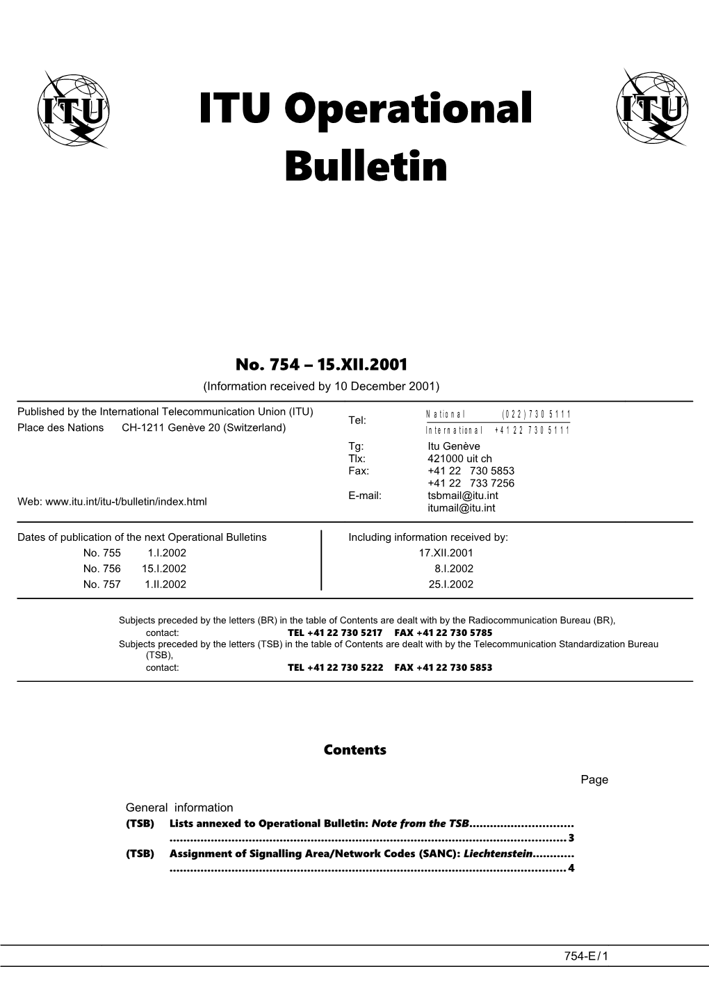 ITU Operational Bulletin 754 - 15.XII.2001