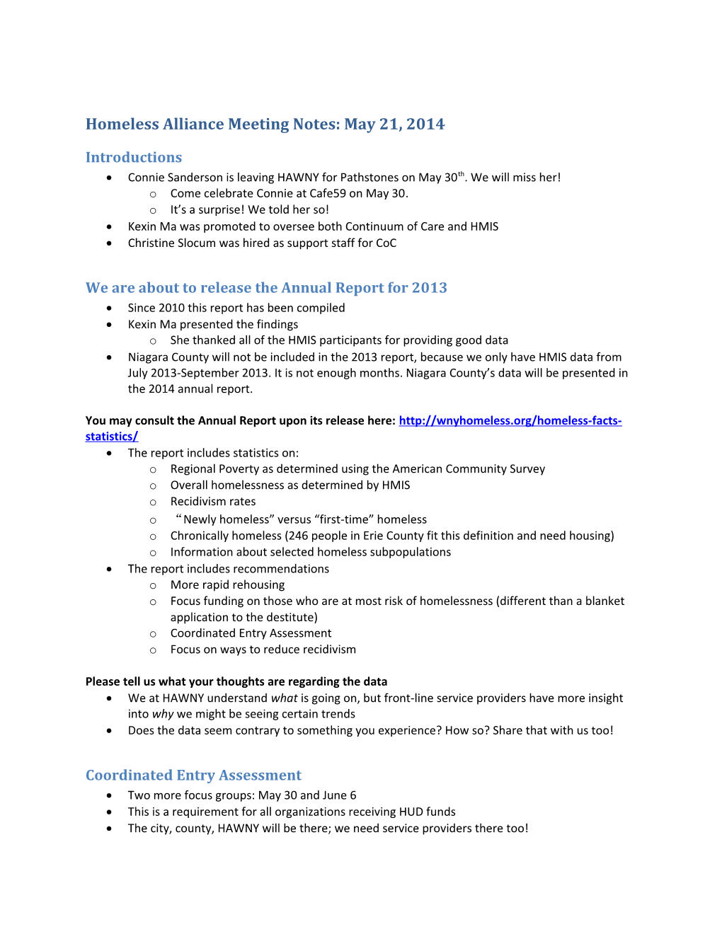 Homeless Alliance Meeting Notes: May 21, 2014