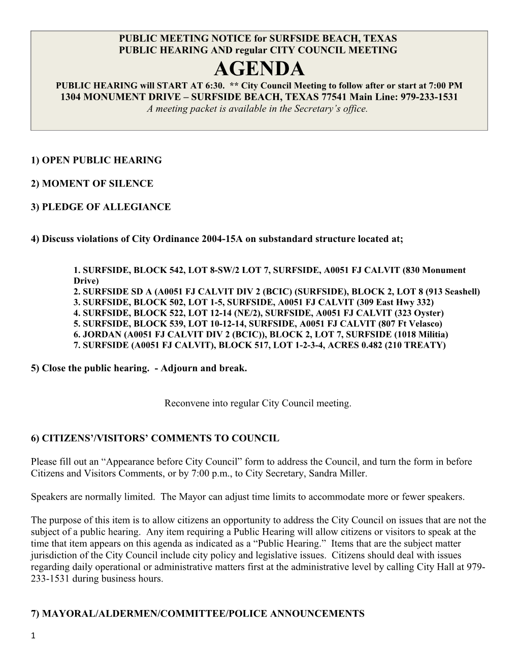 PUBLIC MEETING NOTICE for SURFSIDE BEACH, TEXAS