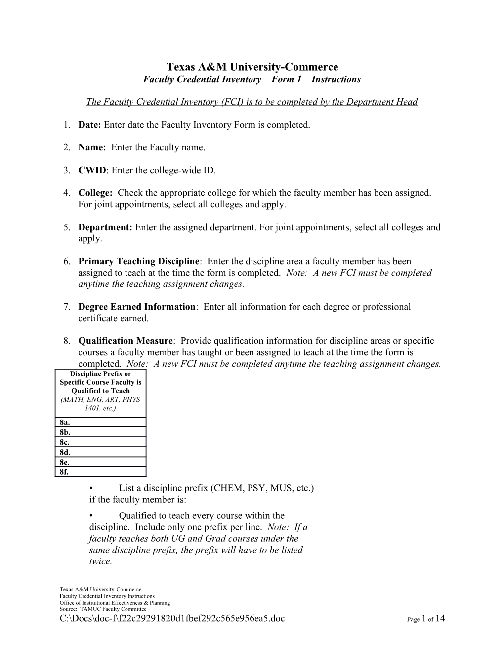 Faculty Credential Inventory Form 1 Instructions