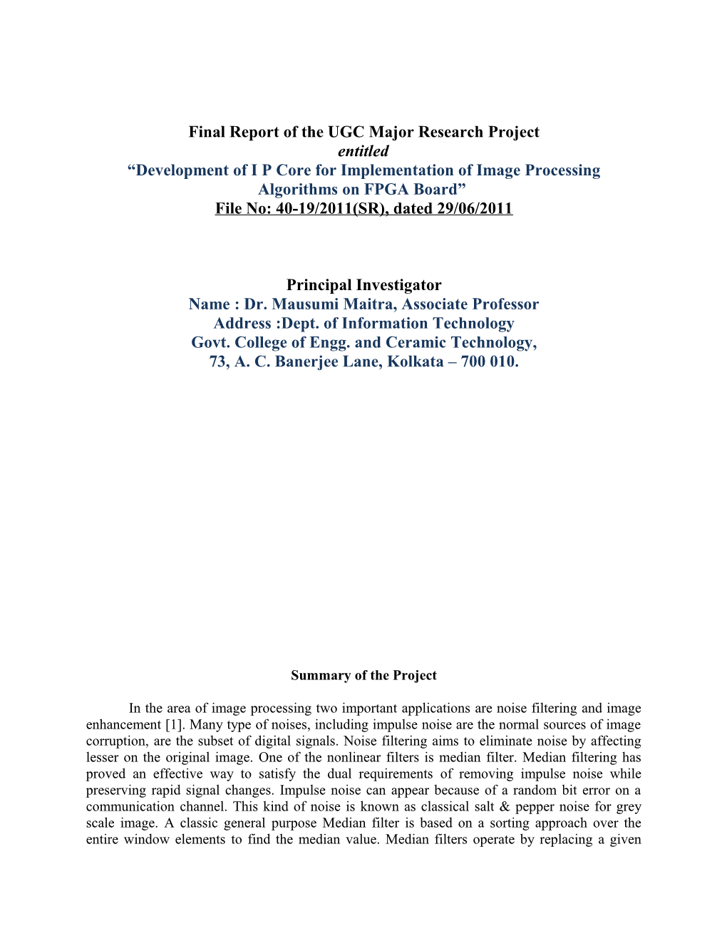 Final Report of the UGC Major Research Project