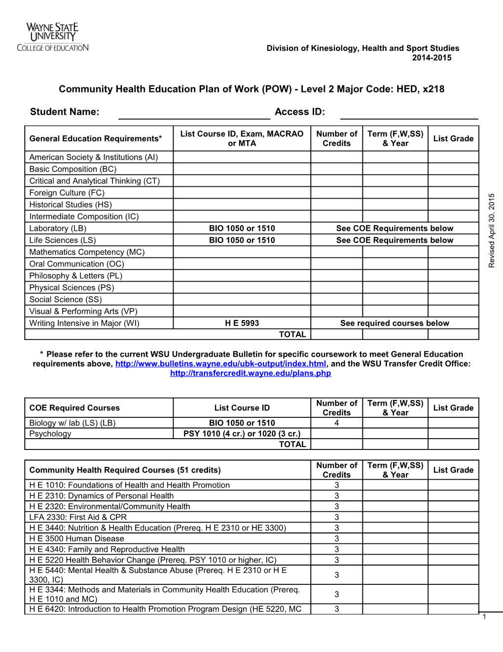 Community Health Education Plan of Work (POW) - Level 2 Major Code: HED, X218