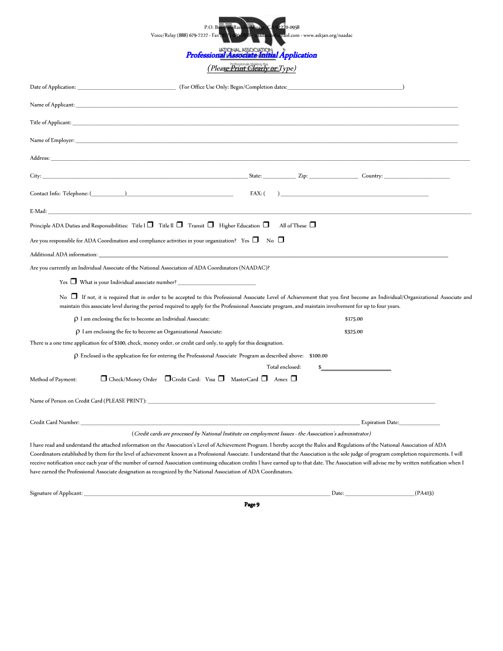 Professional Associate Initial Application