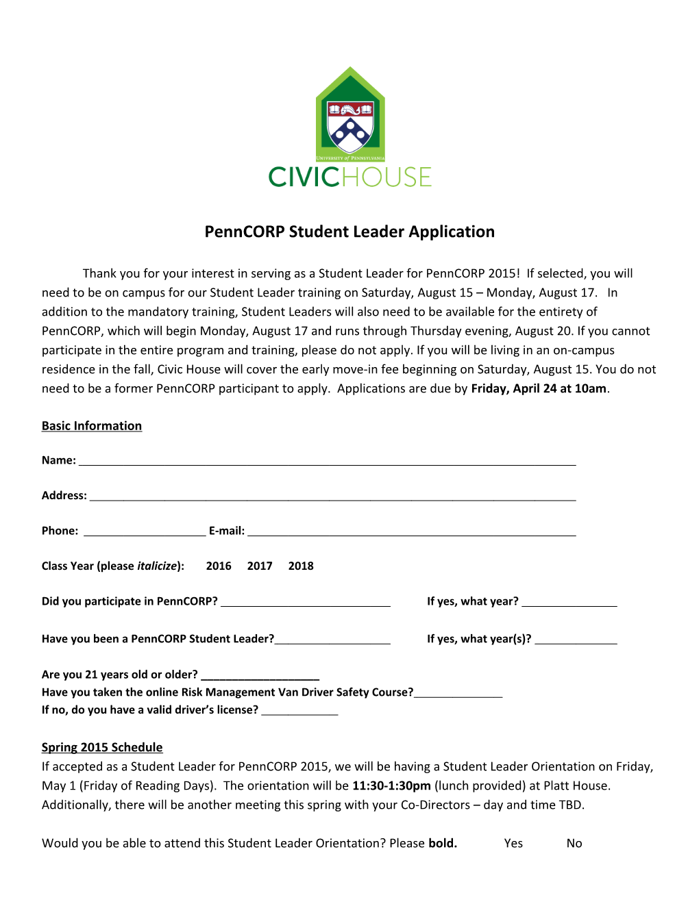 Penncorp Student Leader Application