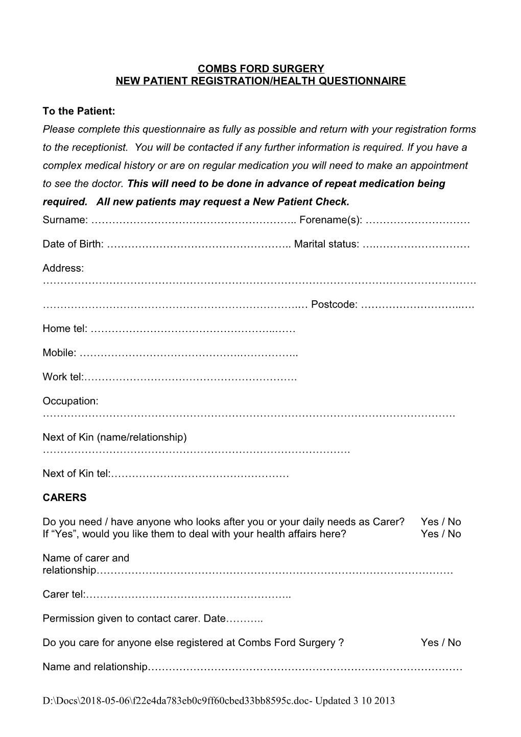 New Patient Registration/Health Questionnaire