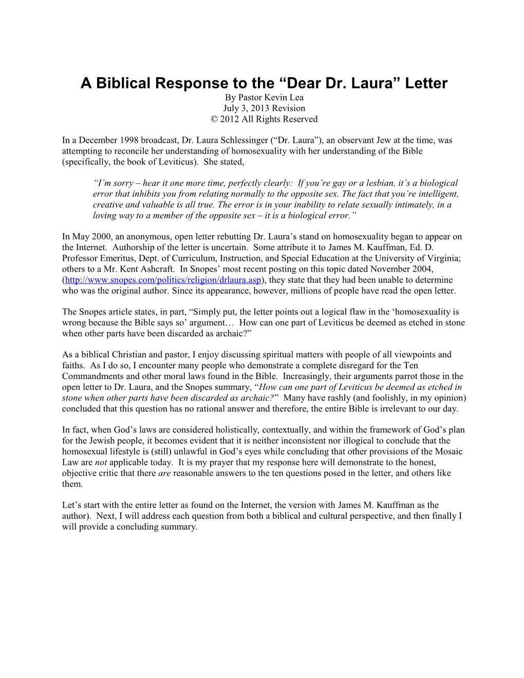 A Biblical Response to the Dear Dr. Laura Letter