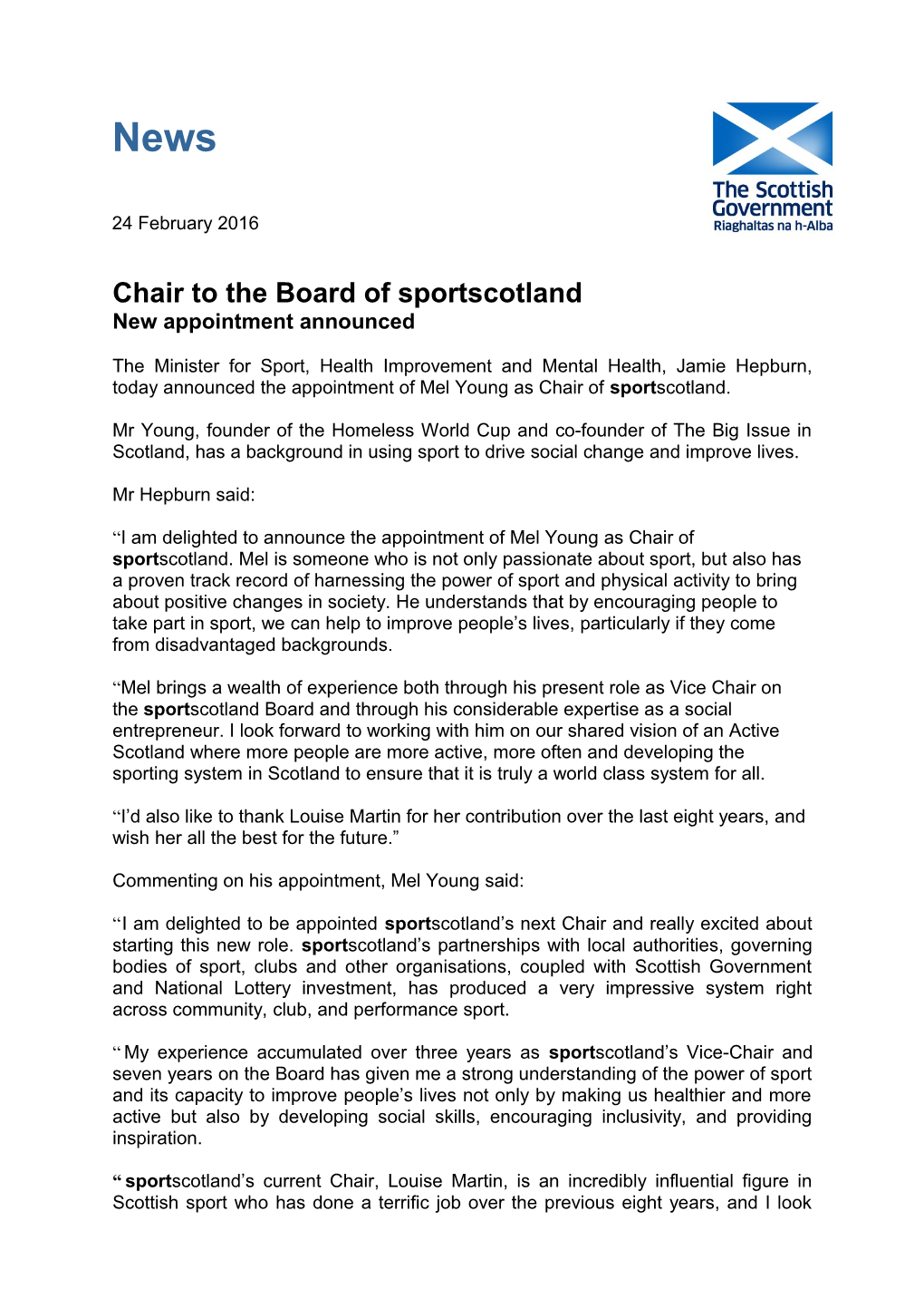 Chair to the Board of Sportscotland