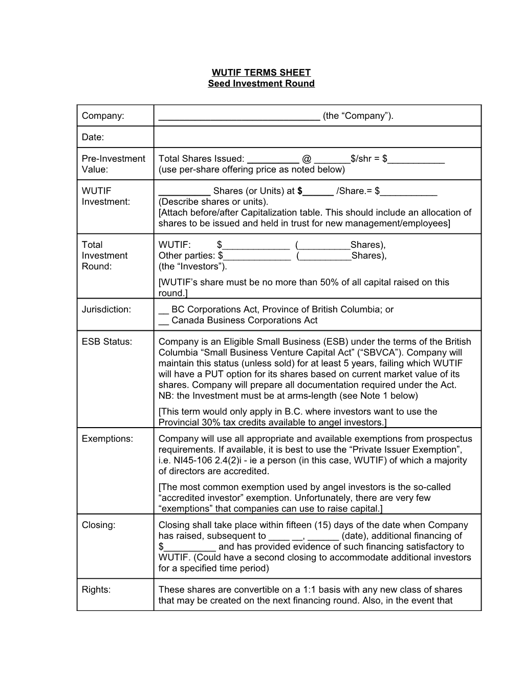 TERMS SHEET (Company Name)