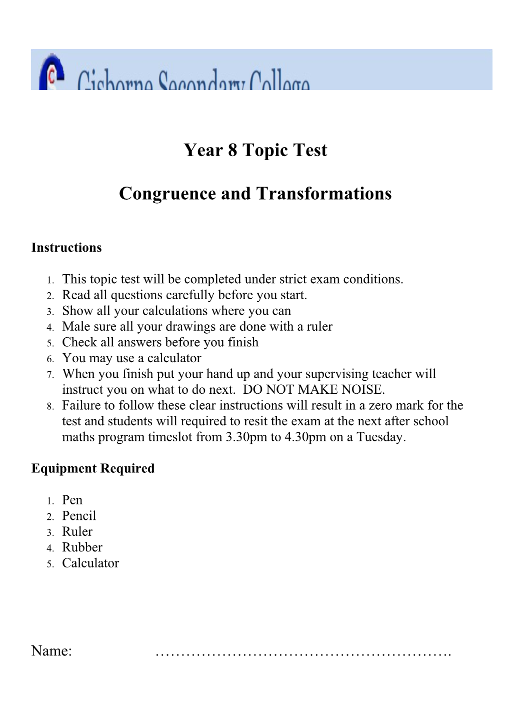 Year 8 Topic Test