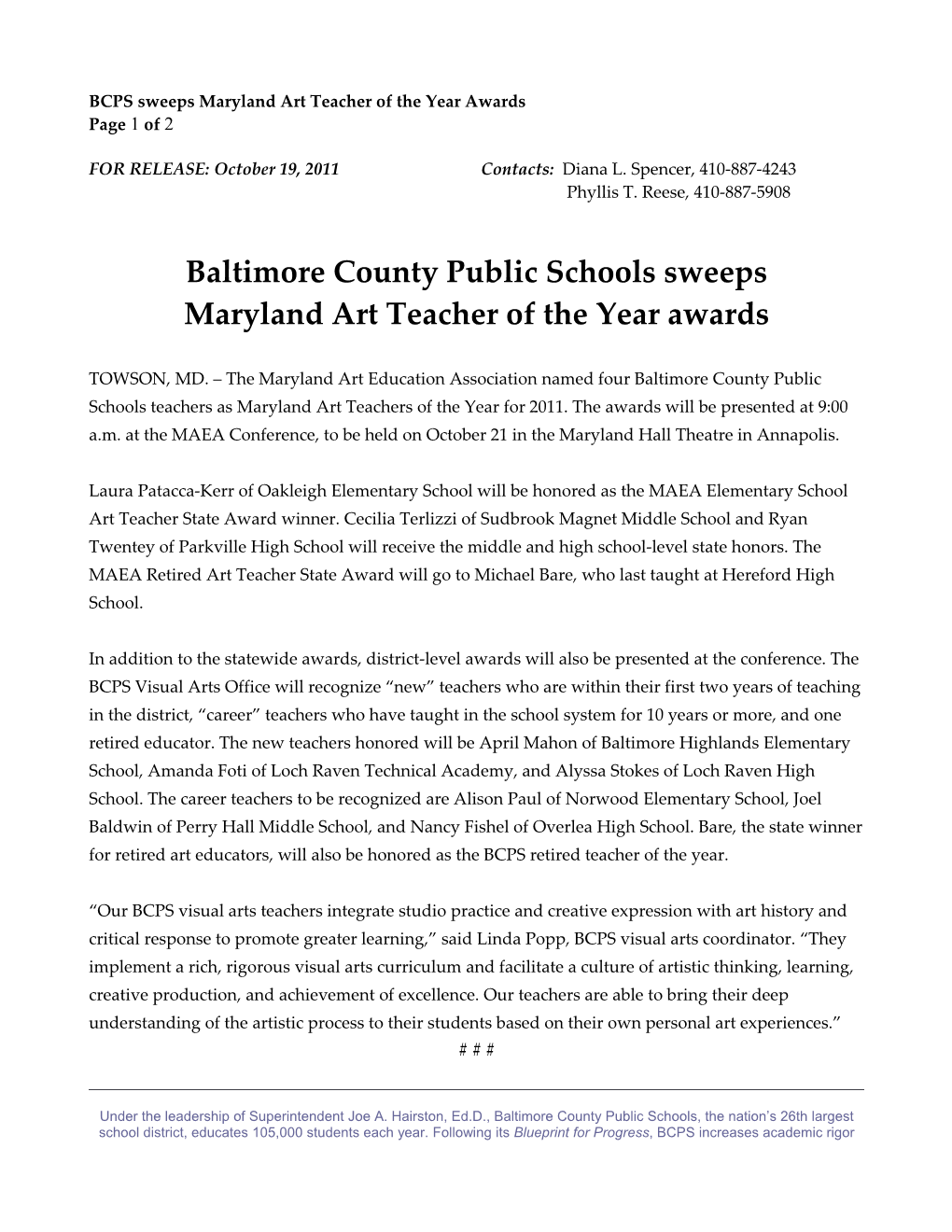 BCPS Sweeps Maryland Art Teacher of the Year Awards