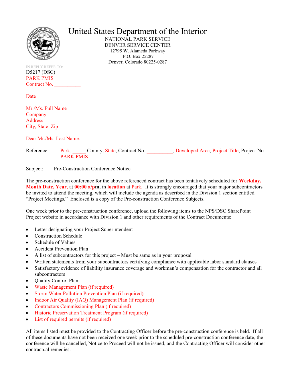 Pre-Construction Conference Notification Letter