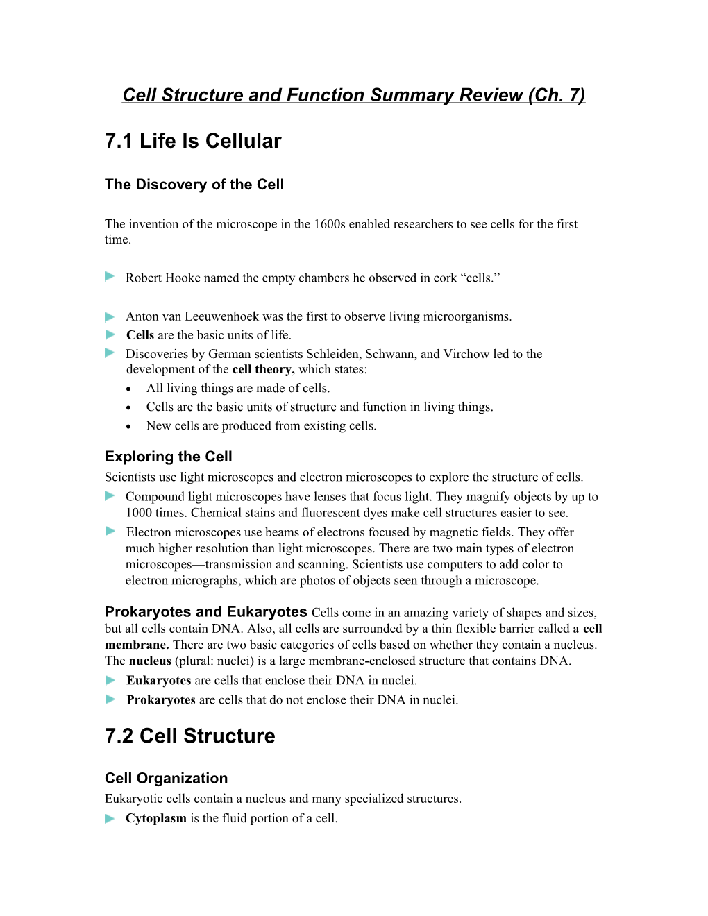 Cell Structure and Function Summary Review (Ch. 7)