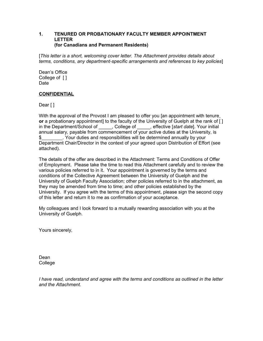 Letter to Be Used in the Case of a Tenured Or Probationary Appointment