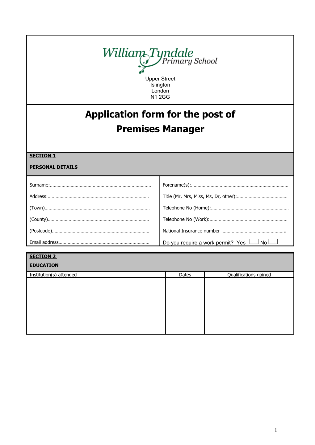 Application Form for the Post Of s1