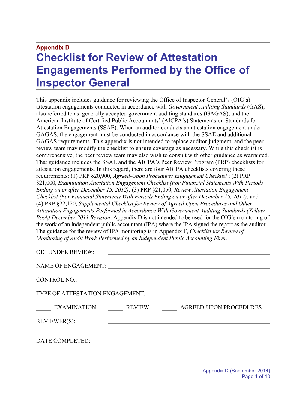 Checklist for Review Of