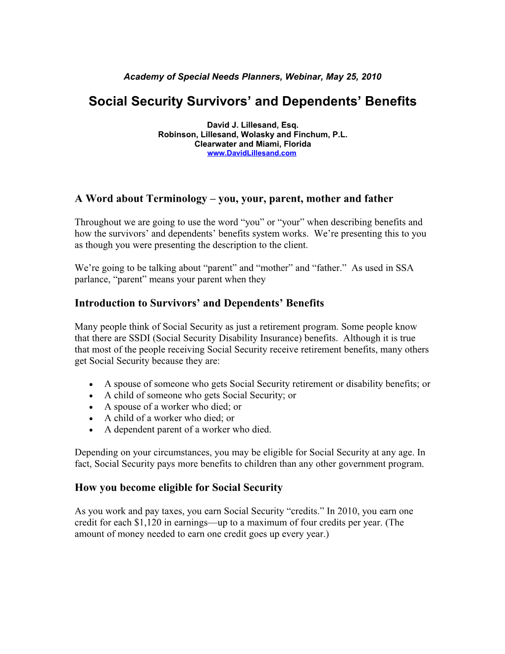 Social Security Survivors and Dependents Benefits