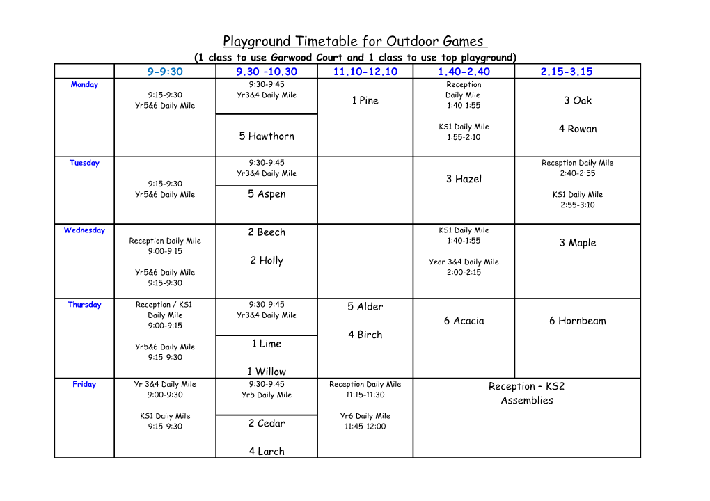 Playground Timetable for Outdoor Games