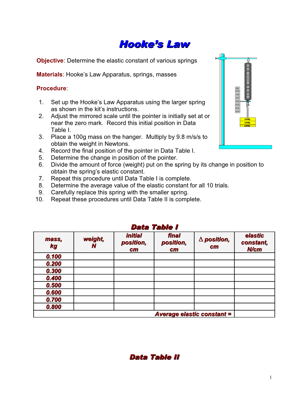 Objective: Determine the Elastic Constant of Various Springs