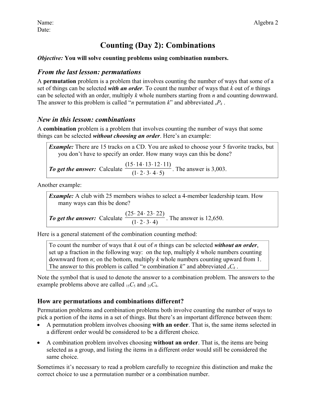 Counting Problems: Combinations