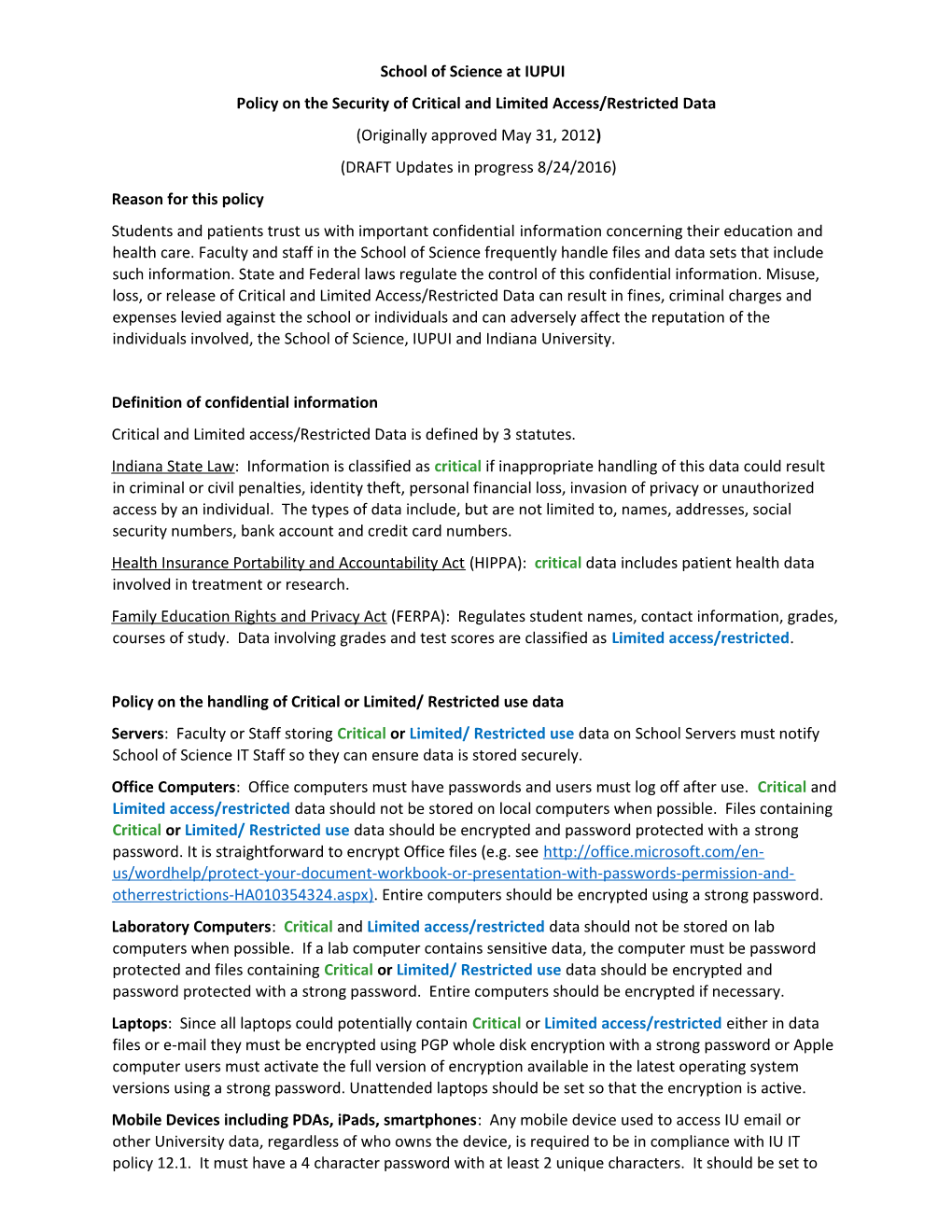 Policy on the Security of Critical and Limited Access/Restricted Data