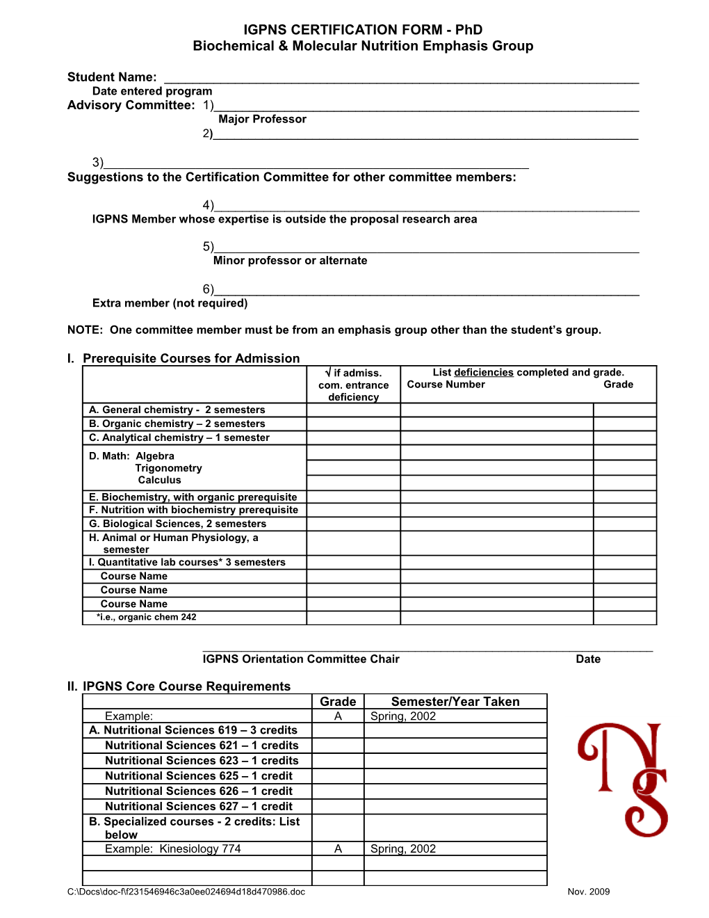 IGPNS CERTIFICATION FORM - Phd