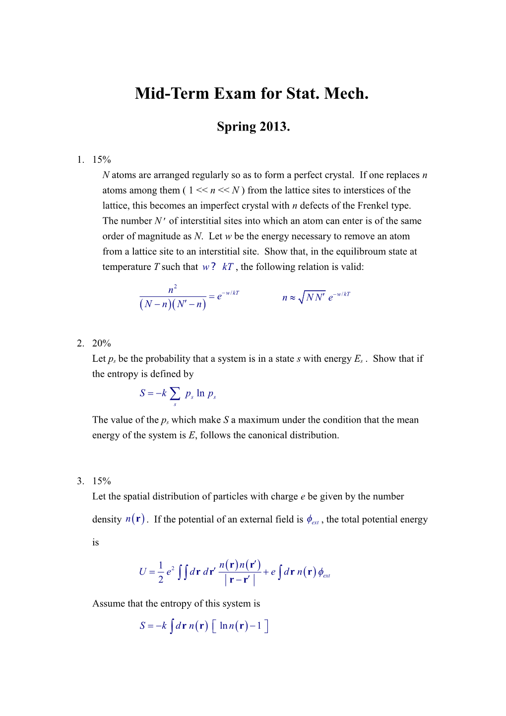 Mid-Term Exam for Stat. Mech