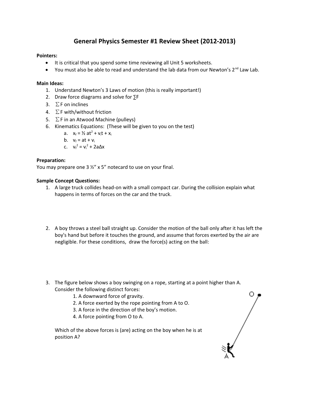 General Physics Semester #1 Review Sheet (2012-2013)