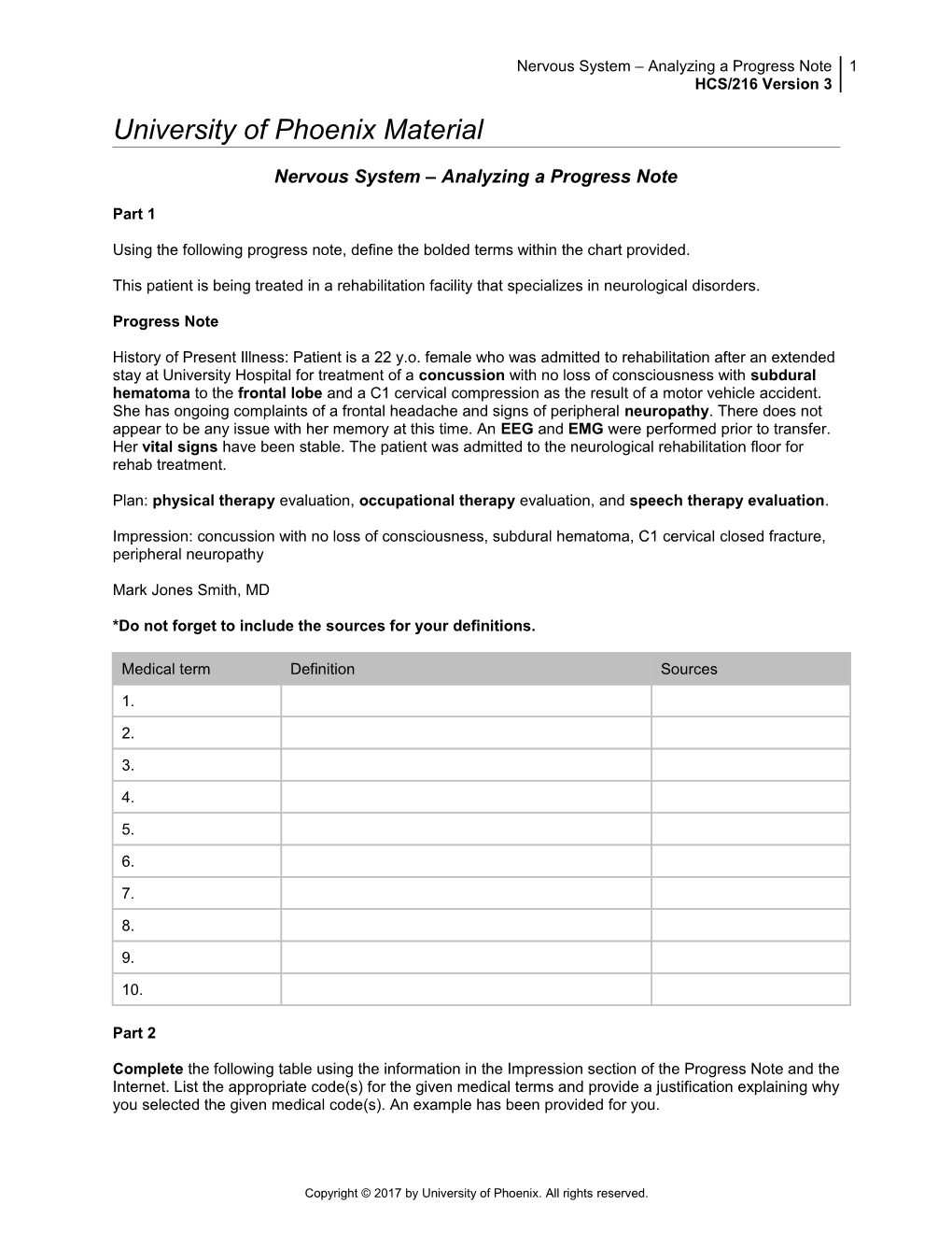 Nervous System Analyzing a Progress Note