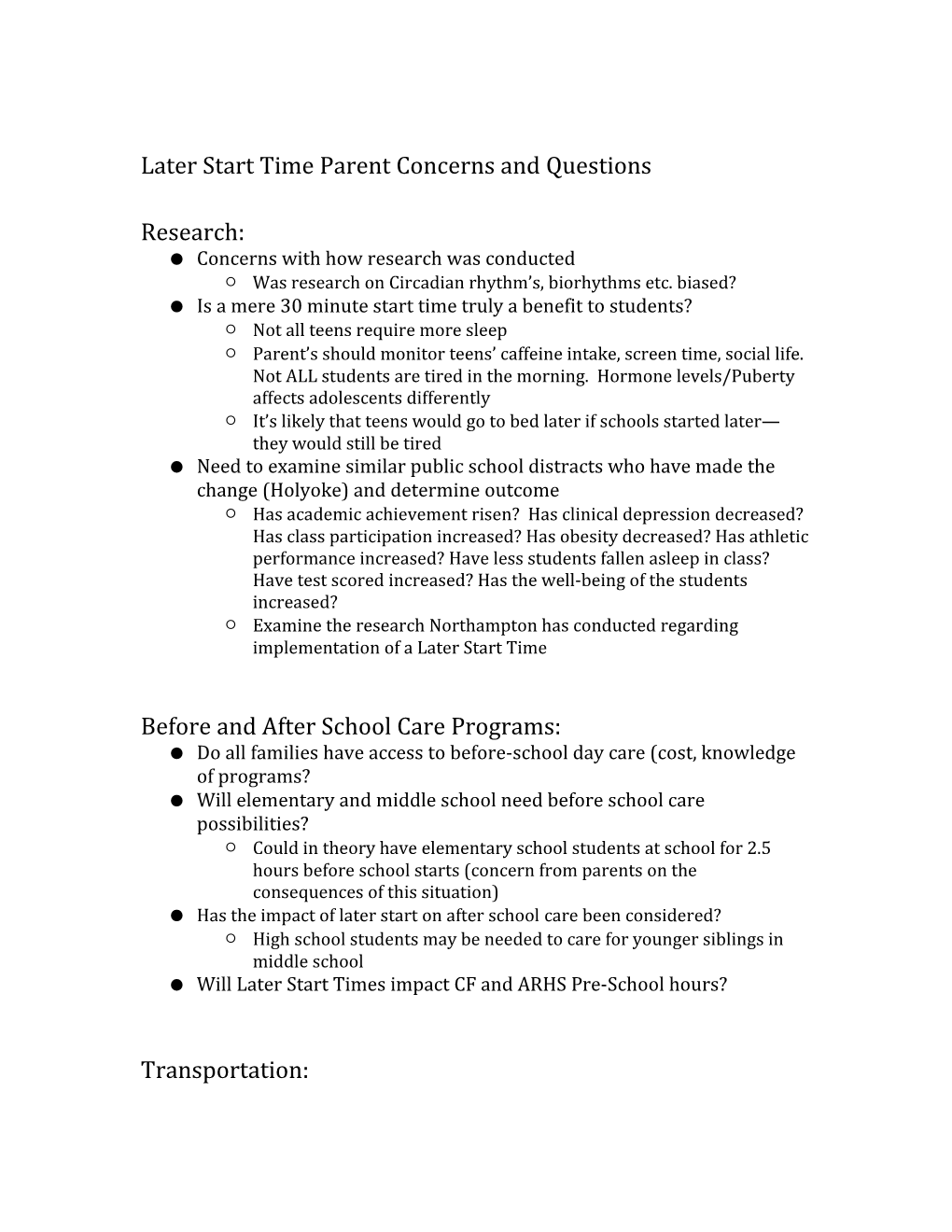 Later Start Time Parent Concerns and Questions