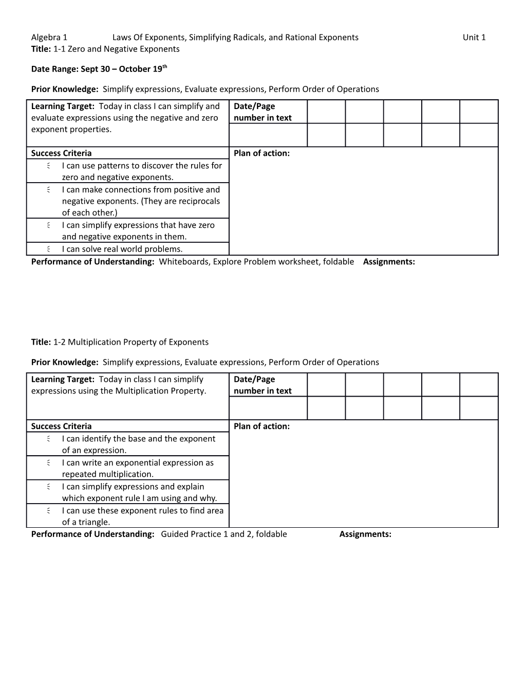 Algebra 1 Laws of Exponents, Simplifying Radicals, and Rational Exponents Unit 1