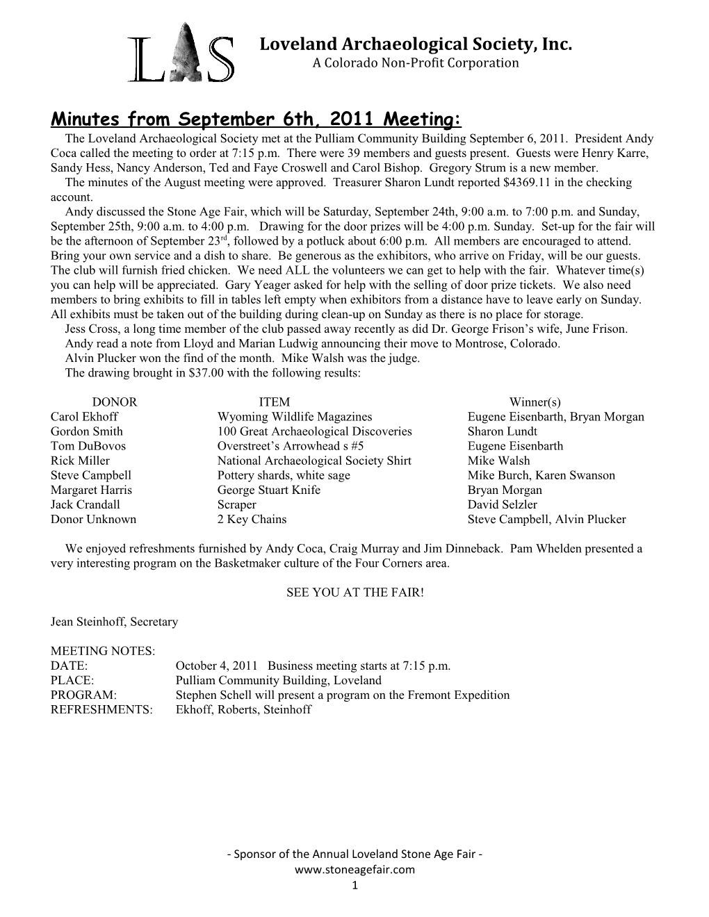 Minutes from September 6Th, 2011 Meeting