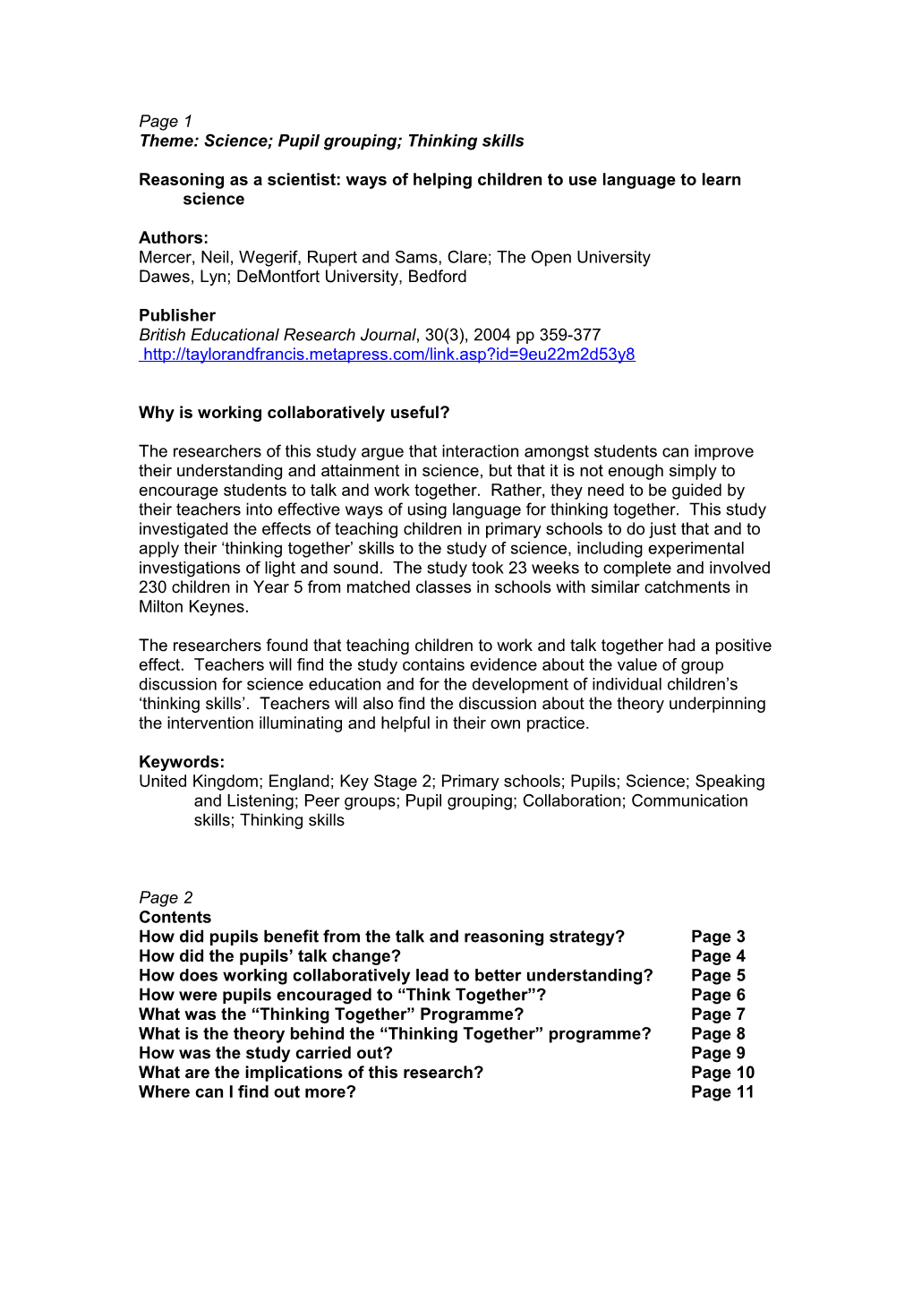 Theme: Science; Pupil Grouping; Thinking Skills