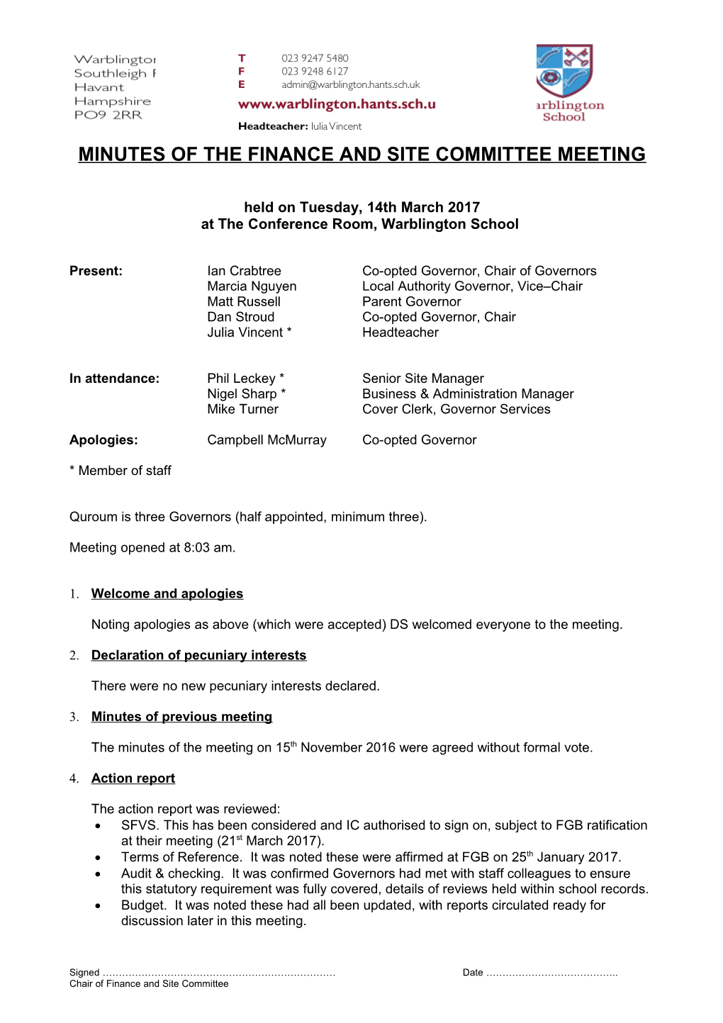 Minutes of the Finance and Site Committee Meeting