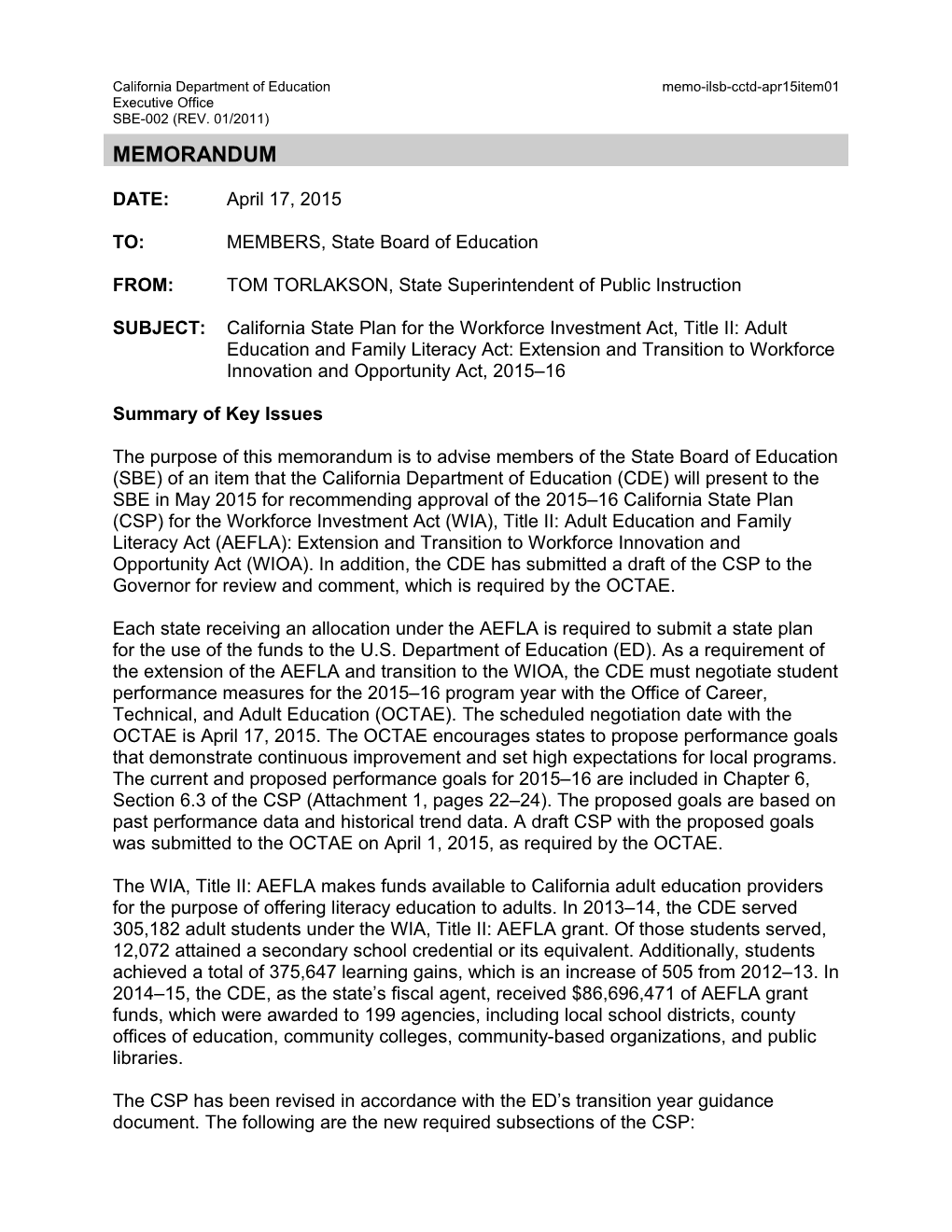 April 2015 ILSB CCTD Item 01 - Information Memorandum (CA State Board of Education)