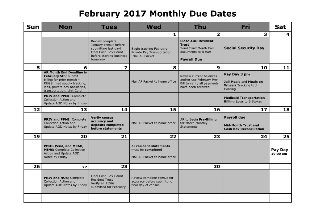 February2017 Monthly Due Dates