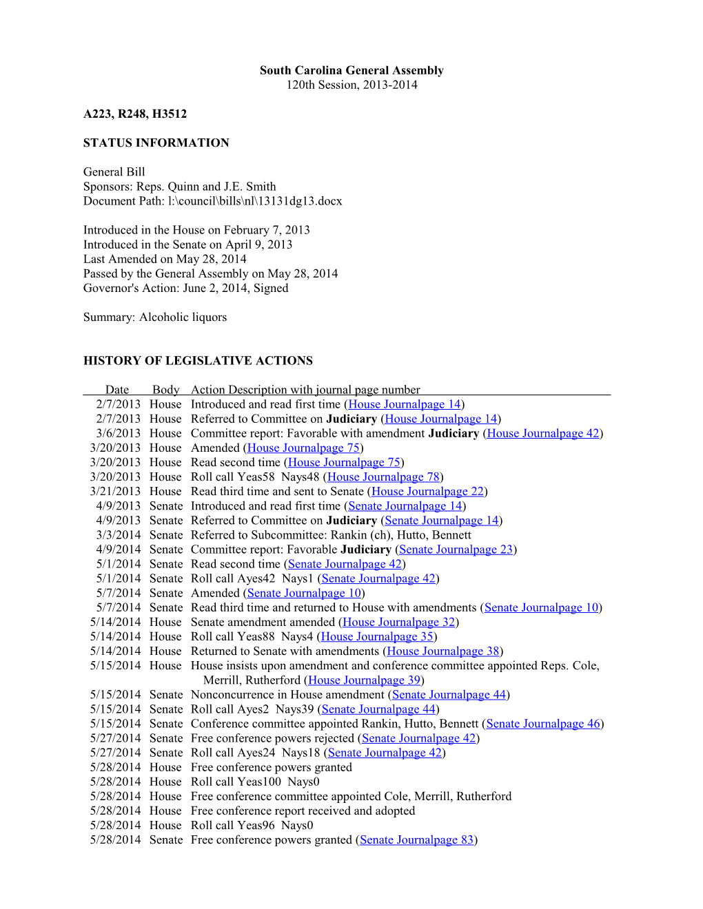 2013-2014 Bill 3512: Alcoholic Liquors - South Carolina Legislature Online