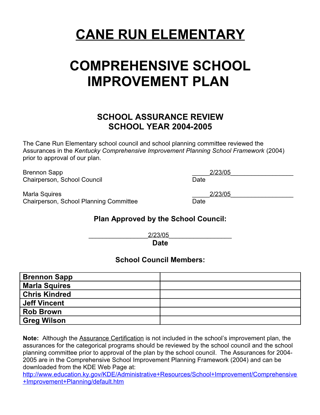 Comprehensive School Improvement Plan 2005