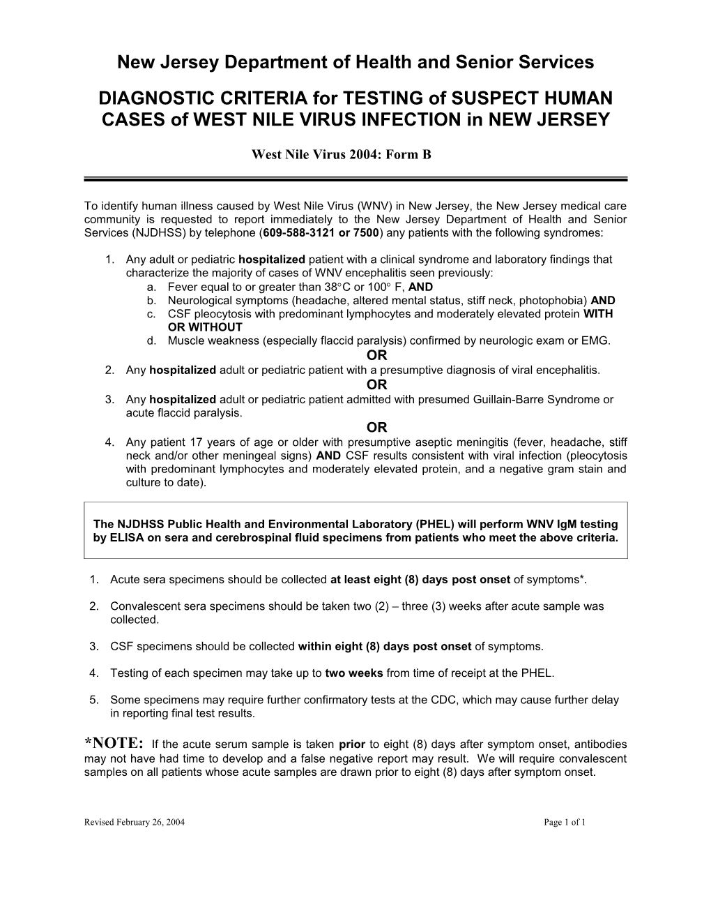 Surveillance Criteria for Diagnostic Testing of Suspect Cases Of