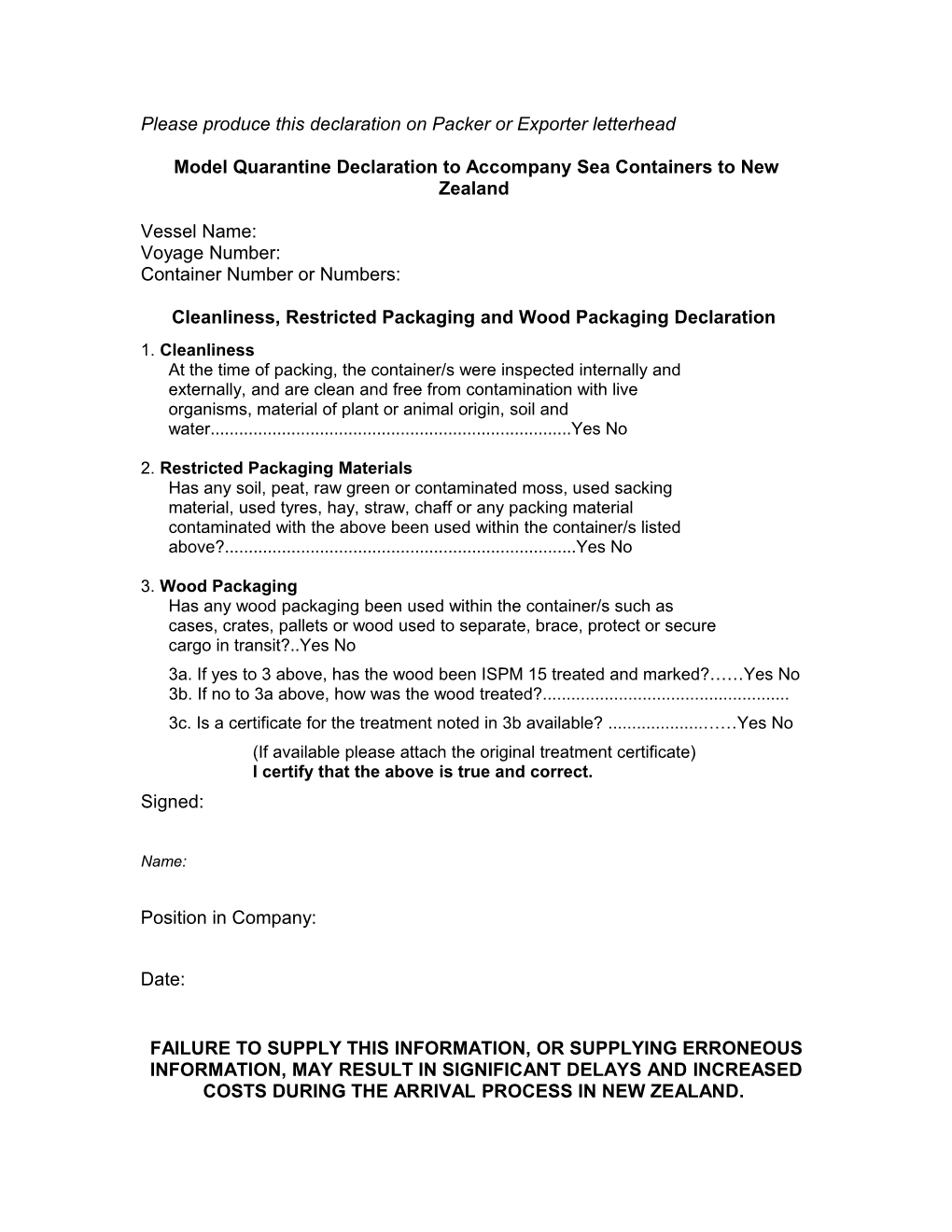 Container Quarantine Declaration