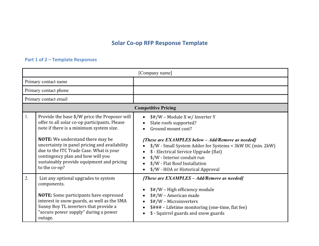 Solar Co-Op RFP Response Template