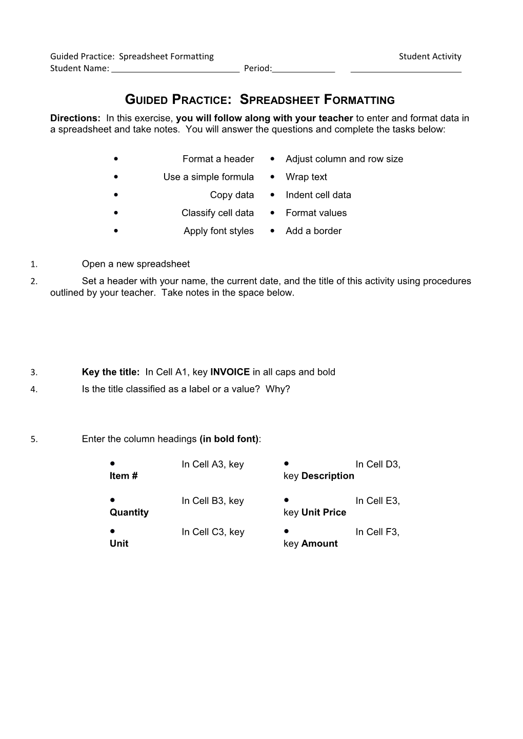 Guided Practice: Spreadsheet Formatting Student Activity