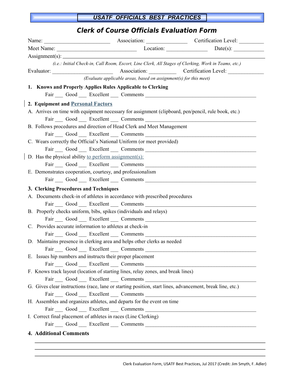 Clerk of Course Officials Evaluation Form