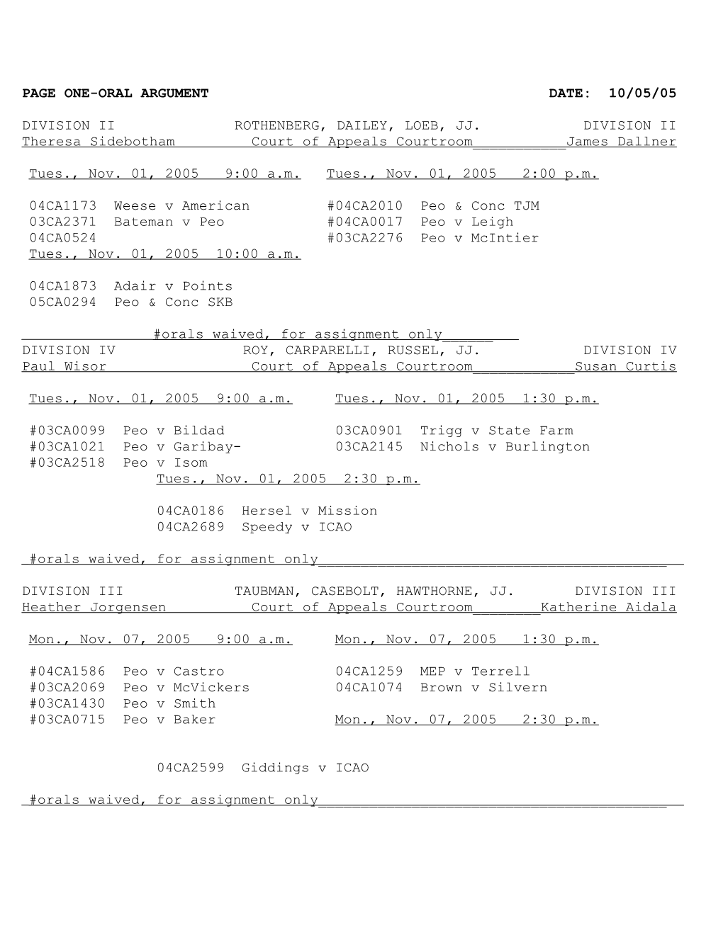Page One-Oral Argument Date: 10/05/05