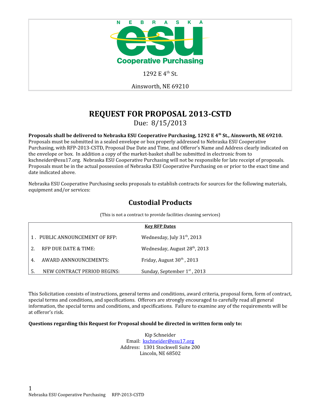 REQUEST for PROPOSAL 2013-CSTD Due: 8/15/2013